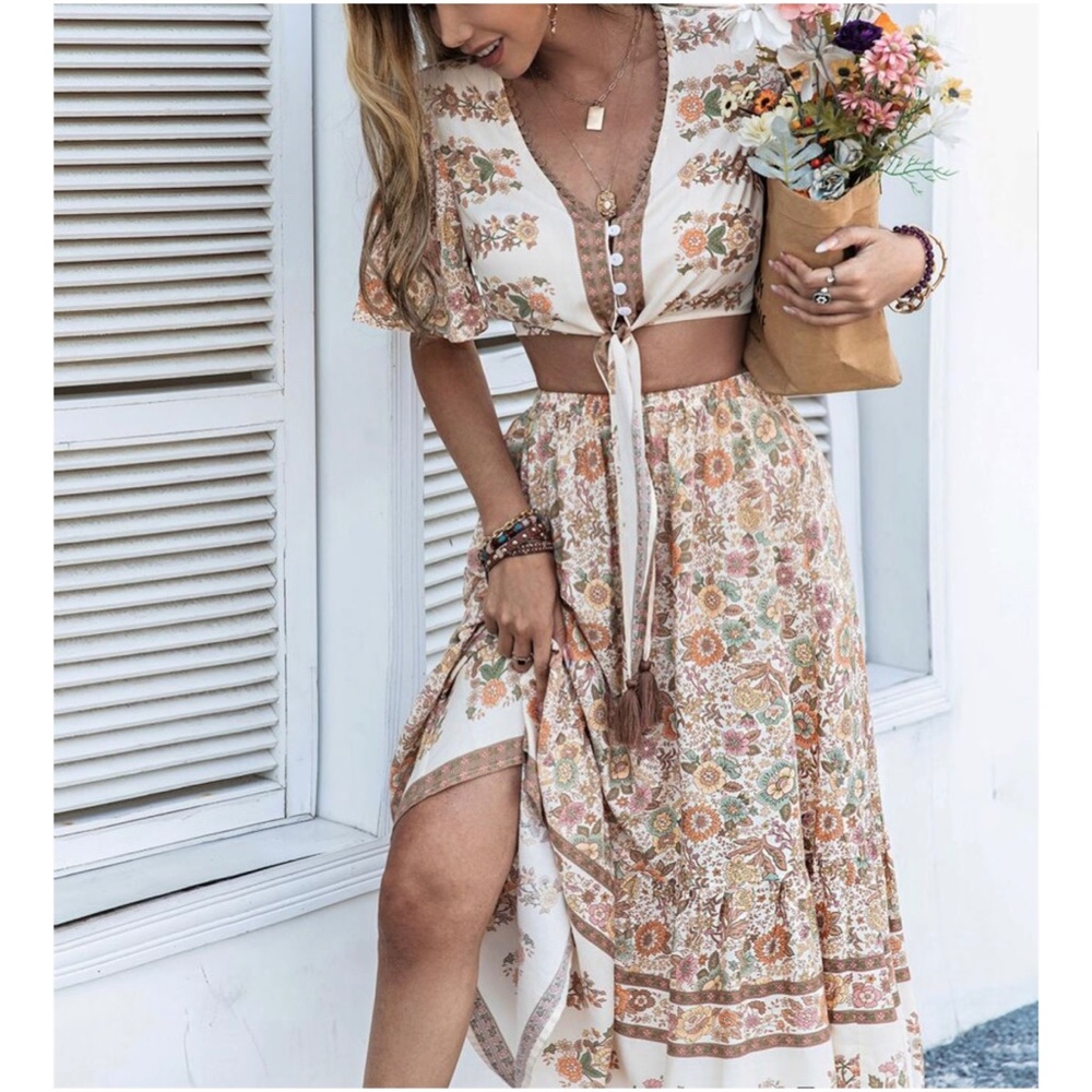 Boho Floral Print Button up Crop Top Maxi Skirt Set - Picture 4 of 6